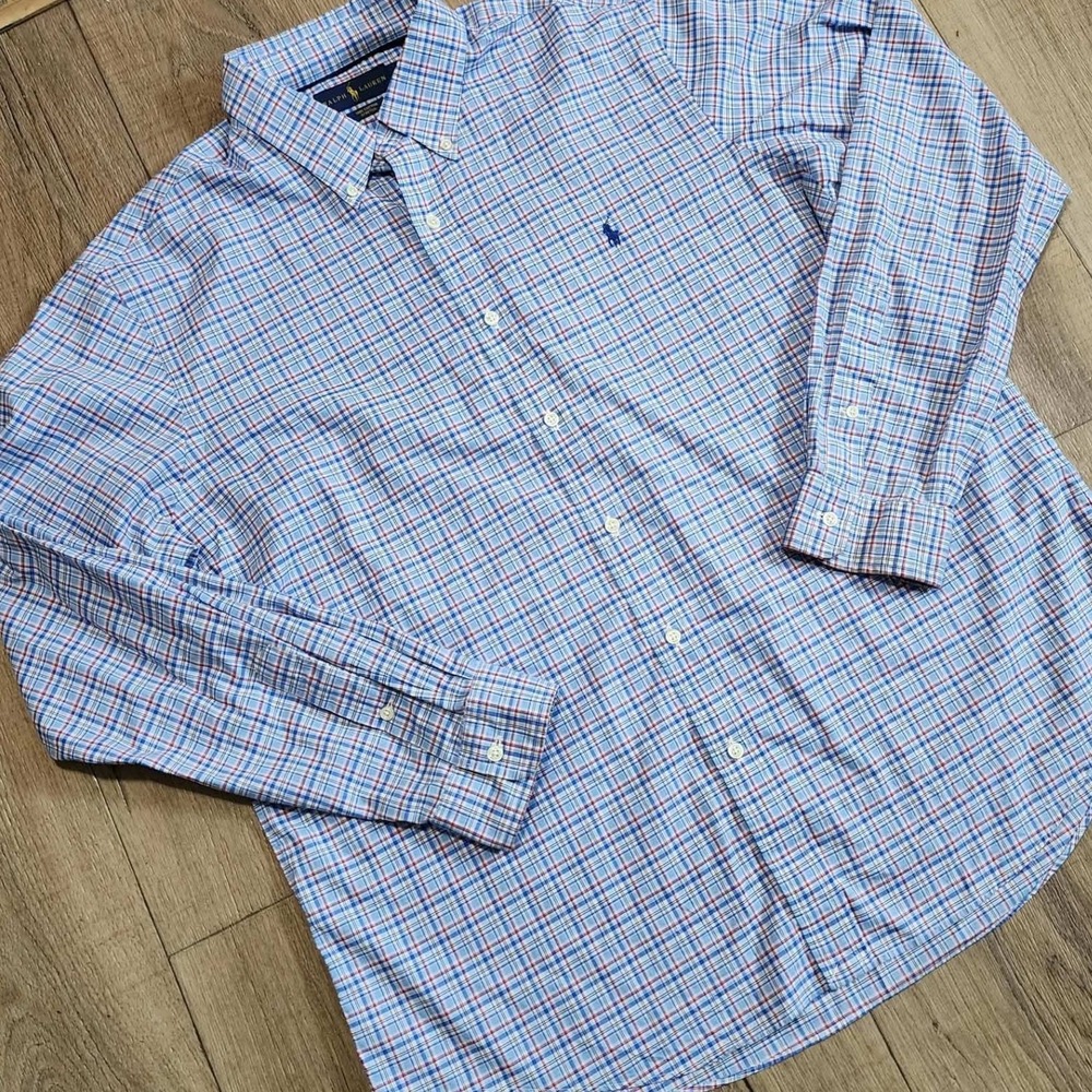 Polo Ralph Lauren Mens XL Blue Red Plaid Cotton Stretch Button Down Shirt L/S